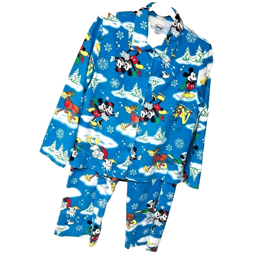 Disney Flannel Pajama Set PJs Womens M Mickey Minnie Pluto Donald Horace Retro